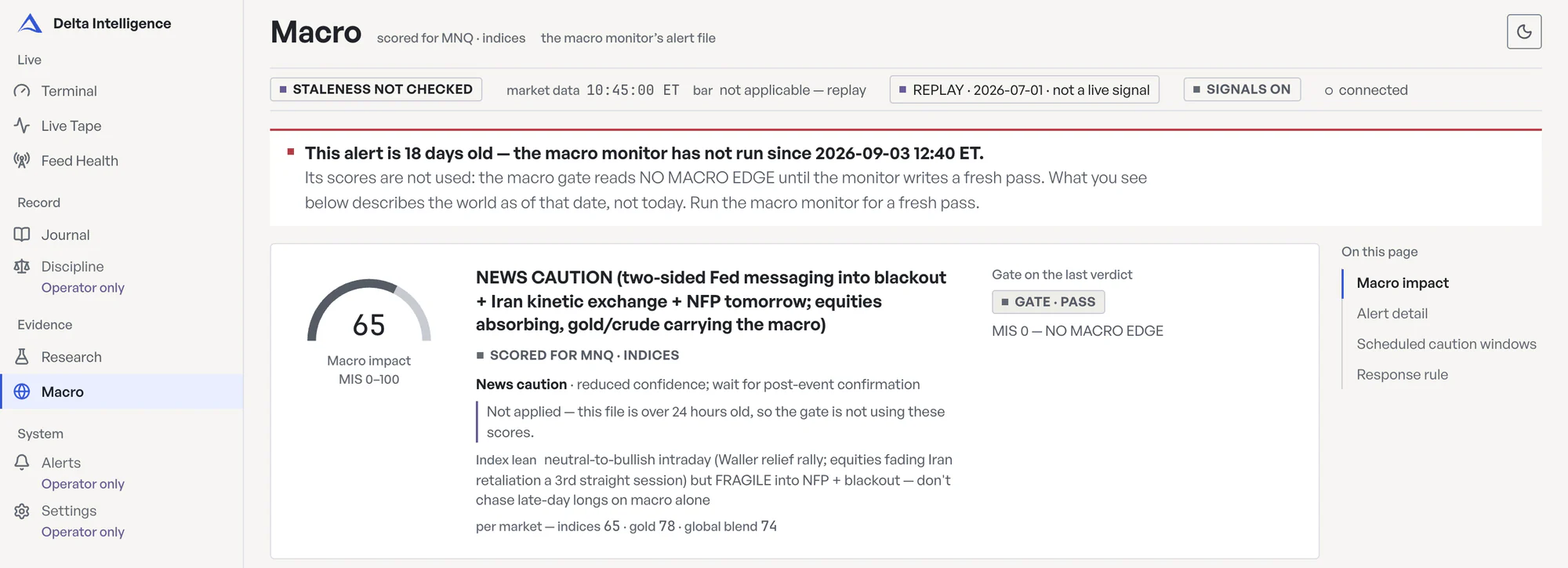 The Macro screen in light mode, tester view, during the replay of 2026-07-01: a banner saying the macro file is 18 days old so its scores are not used, the macro impact gauge marked not applied, the file's alert headline, and the gate on the last verdict (PASS).